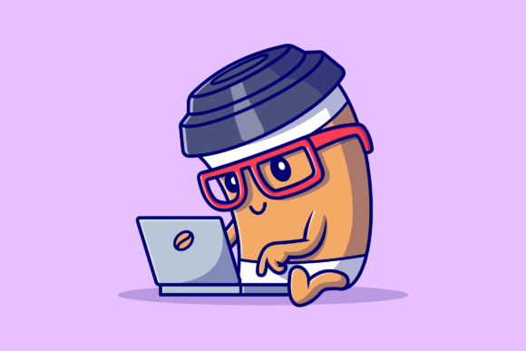 Cute Coffee Cup Working on Laptop