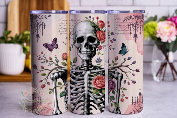 Gothic Skeleton Rose Tumbler Wrap PNG