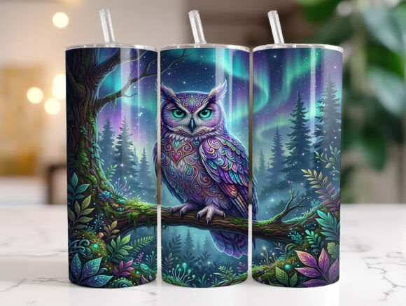 Northern Lights Owl Woodland Tumbler PNG