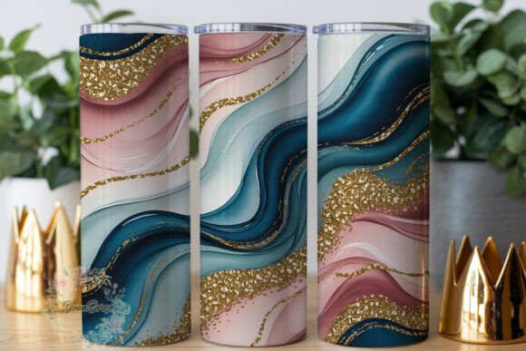 Teal Pink Gold Marble Tumbler Wrap PNG