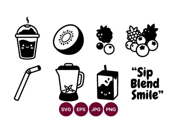 Vector Line Art Coffee Cup and Fruit